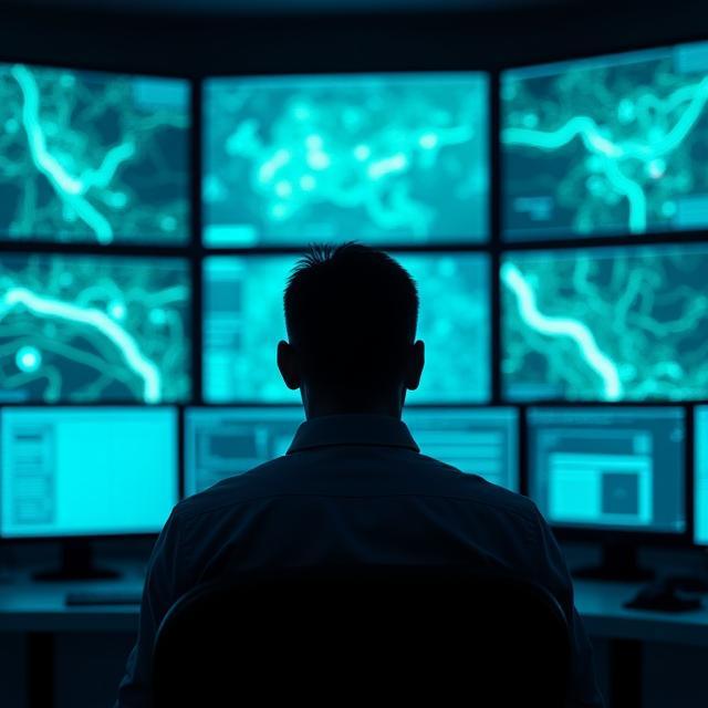 Dispatcher monitoring live taxi routes on multiple screens